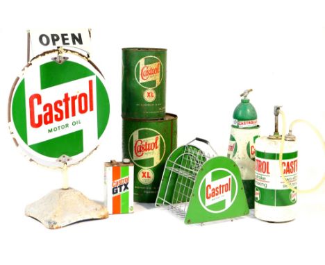 Vintage Castrol garage forecourt collectables including spinning open/closed sign, height 108cm, width 64cm; two oil drums; g