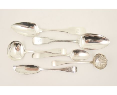 Irish silver flatware including George III dessert spoon, maker A.M, Dublin 1806, Old English pattern; Fiddle pattern table s