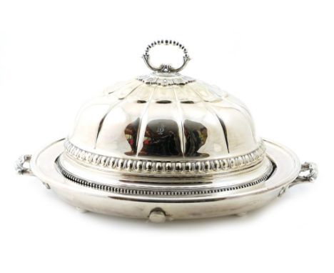 Victorian silver plated turkey warming dish, circa 1880, oval form with twin carrying handles, complete with stopper, 66.5cm 