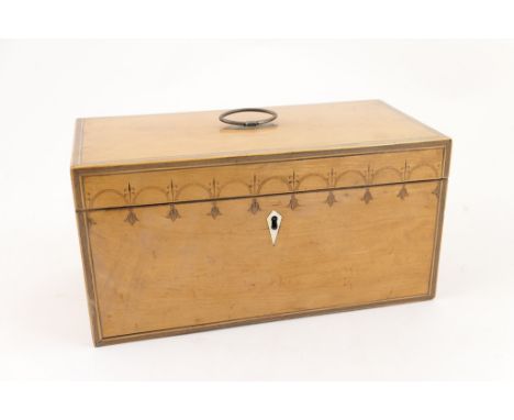 Late George III satinwood and inlaid tea caddy, circa 1790, rectangular form with bellflower drop inlays and boxwood and rose