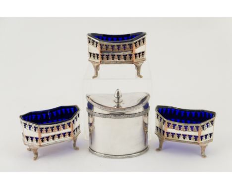Set of three Regency plated table salts, circa 1820, canted rectangular form, pierced and with blue glass liners, raised on r