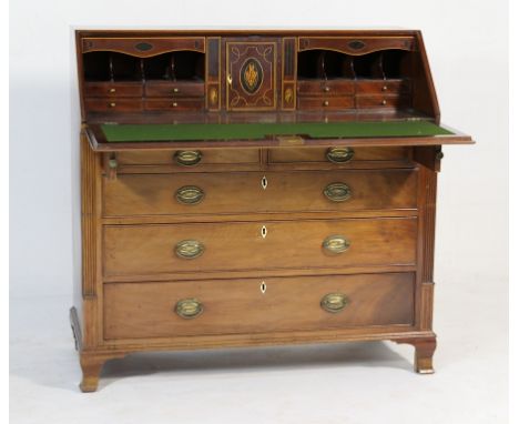 George III mahogany and inlaid bureau, circa 1790, fully fitted interior with pigeonholes and drawers, and a central cupboard