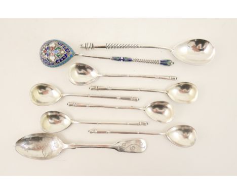 Russian cloisonne enamelled silver spoon, 13.5cm; also a set of six Russian silver spoons, circa 1899-1908, 11cm; another Rus