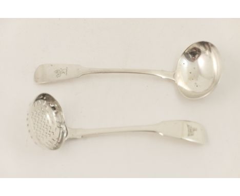 William IV silver sifting spoon, London 1827, fiddle pattern; also a George IV Irish silver fiddle pattern sauce ladle, Dubli