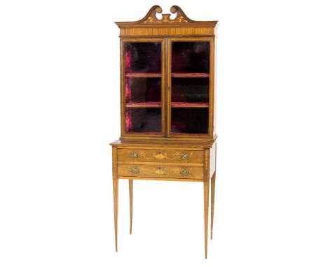 Late Victorian mahogany and inlaid collector's cabinet in the Sheraton Revival style, having a swan neck pediment with foliat