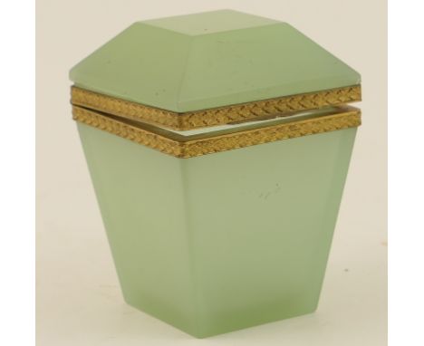 Dichroic green-lilac glass caddy, French , early 20th Century, tapered rectangular form with gilt brass mounts, 11.5cm