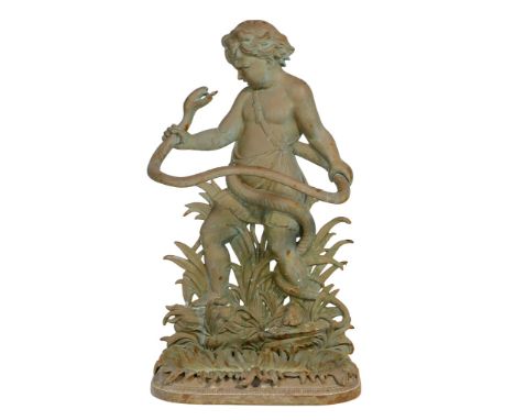 Late Victorian cast iron stick stand modelled as the infant Hercules wrestling a snake after the design by Edwin & Theophilus