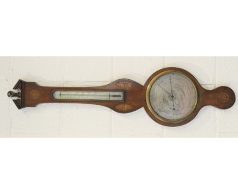 P Ramas, London, Regency mahogany and inlaid wheel barometer, architectural pediment over a silvered thermometer flanked with