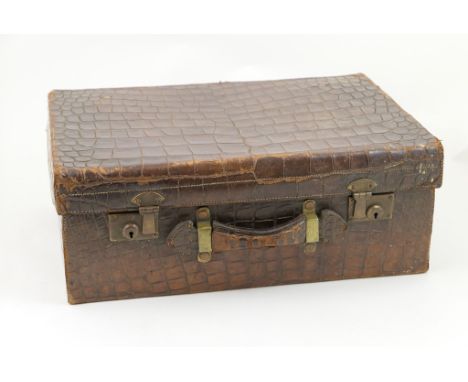 Vintage crocodile skin suitcase, circa 1910-20, with brass lock plates, 51cm x 38cm