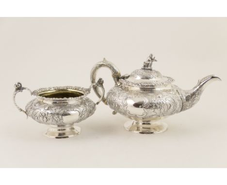 William IV silver part tea service, probably Joseph Wilson, London 1826, comprising teapot of footed bun form, domed hinged c