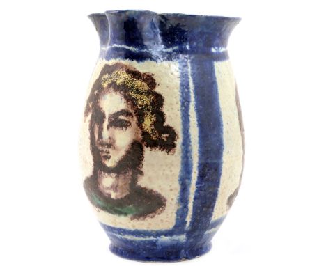 French art pottery jug, decorated with portrait panels in the style of Georges Rouault, bordered with blue, impressed marks, 
