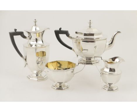 George V silver four piece tea service, maker Thomas Bradbury & Sons, Sheffield 1925-26, plain octagonal form, comprising lid