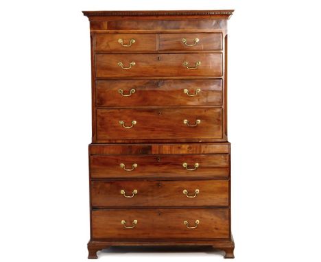 George III mahogany chest on chest, circa 1800, having a dentil and cavetto cornice over two short and three long graduated d