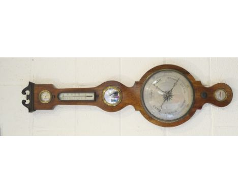 Victorian rosewood wheel barometer, swan neck pediment over a humidity dial, silvered thermometer, small convex mirror, 10'' 