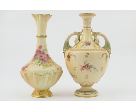 Royal Worcester peach ground twin handled vase, circa 1895, shouldered ovoid body with twin mask handles to a waisted neck, d