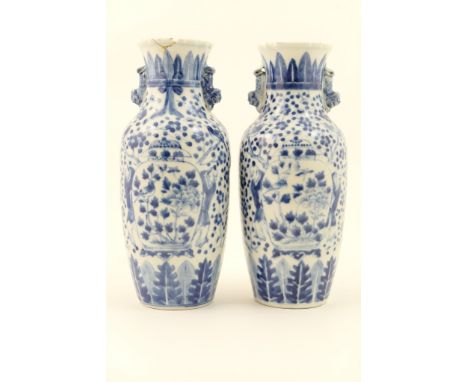 Pair of Chinese blue and white export vases, late 19th Century, shouldered ovoid form decorated with figures seeking birds am