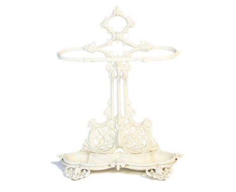 Victorian painted cast iron stick stand, circa 1870, cast with ivy leaves over a shaped drip tray, height 80cm, width 64cm