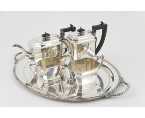 George V silver plated four piece tea service, circa 1935-40, plain canted rectangular form comprising teapot, hot water jug,