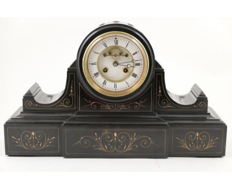 French polished slate mantel clock, circa 1890, drum head with enamelled chapter ring with Roman numerals, with open escapeme