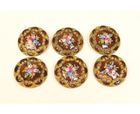 Set of six French floral enamelled buttons, circa 1900, circular form decorated with flowers against a ruby ground, marked 'E