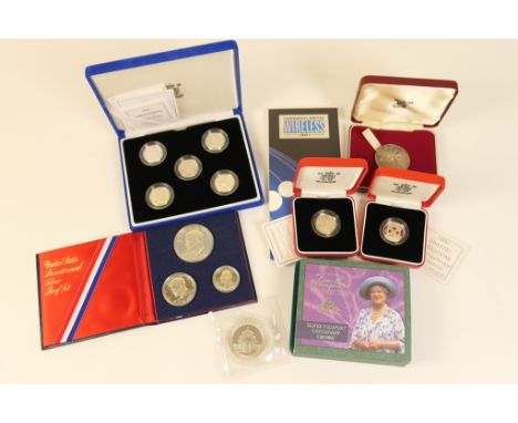 Small selection of silver proof and other coins, including The Queen Mother Centenary silver Piedfort crown, 2000, cased; als