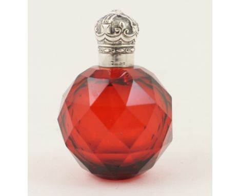 Victorian royal commemorative ruby glass scent bottle, faceted spherical form, the silver screw cap formed as a crown commemo