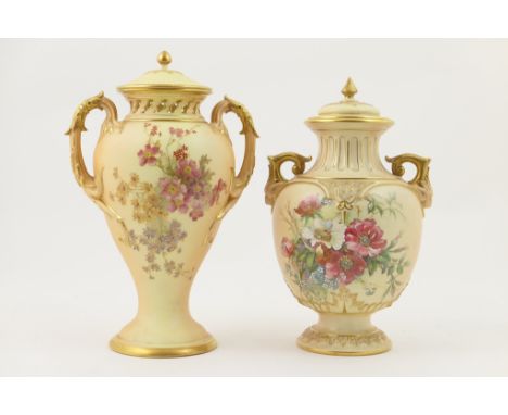 Royal Worcester peach ground pot pourri vase and cover, circa 1897, ovoid form with twin moulded handles and a pierced collar