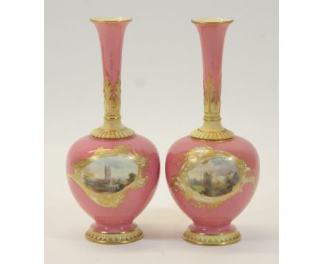 Pair of Royal Worcester 'Ludlow' vases, circa 1894, each of bottle form with trumpet neck, decorated with vignettes featuring