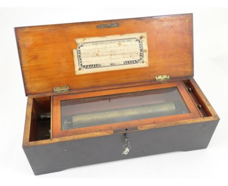 Swiss cylinder musical box, late 19th Century, playing eight airs, within a stained rosewood veneered case, 52cm