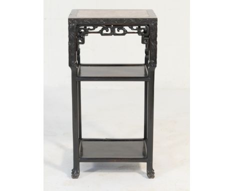 Chinese rosewood and marble inlaid stand, late 19th Century, rectangular form with pierced apron over a mid shelf with unders