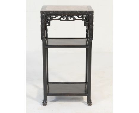 Chinese rosewood and marble inlaid stand, late 19th Century, rectangular form with pierced apron over a mid shelf with unders