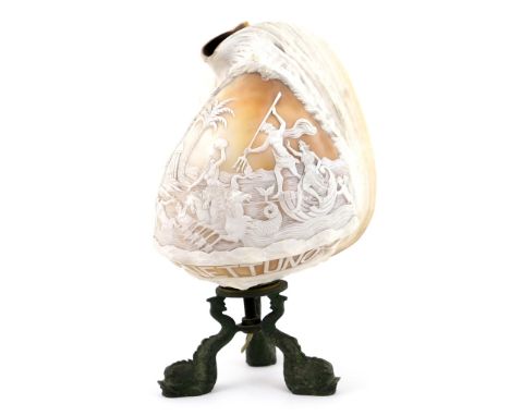 Fine Italian carved bulls mouth shell table lamp, late 19th Century, the shell carved with a nautical scene featuring Neptune