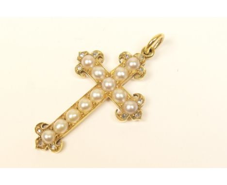 Victorian split pearl and diamond cross pendant, circa 1880, of Gothic form centred with twelve split pearls terminating with