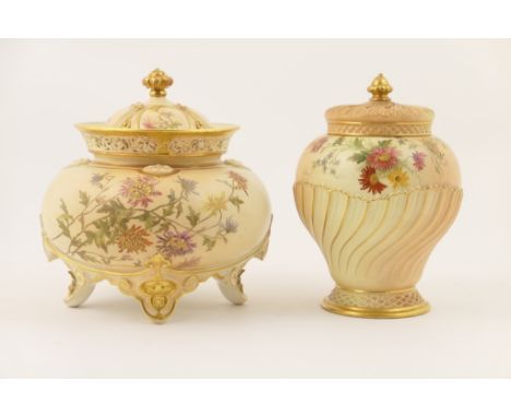 Royal Worcester peach ground pot pourri jar and cover, circa 1891, bun shape with a pierced collar and domed cover, decorated