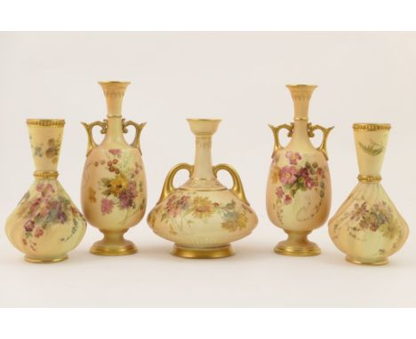 Pair of Royal Worcester peach ground twin handled vases, circa 1899, ovoid form with twin handled trumpet neck, decorated wit