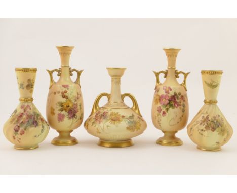 Pair of Royal Worcester peach ground twin handled vases, circa 1899, ovoid form with twin handled trumpet neck, decorated wit