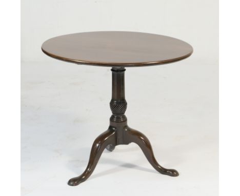 Mahogany tilt top tripod table, circular top over a turned wrythen moulded column and three splayed cabriole legs, 75cm diame