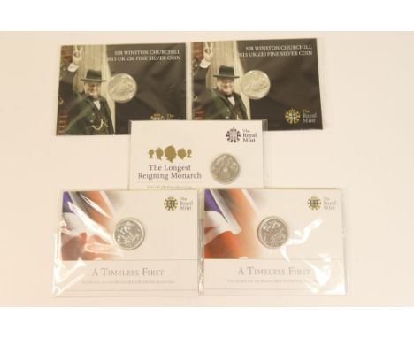 Five Elizabeth II £20 silver coins, including Timeless First, 2013; The Longest Reigning Monarch, 2015; and Sir Winston Churc