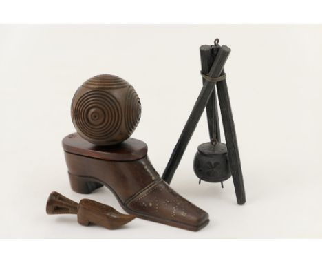 Victorian treen novelty snuff box in the form of a shoe, with metal studded decoration, 10.5cm; also a treen ball snuff box, 
