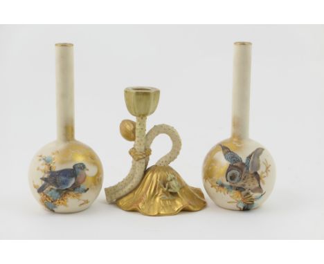 Pair of Royal Worcester bottle vases, circa 1890, decorated with an owl and a pigeon in colours and gilt against an ivory gro