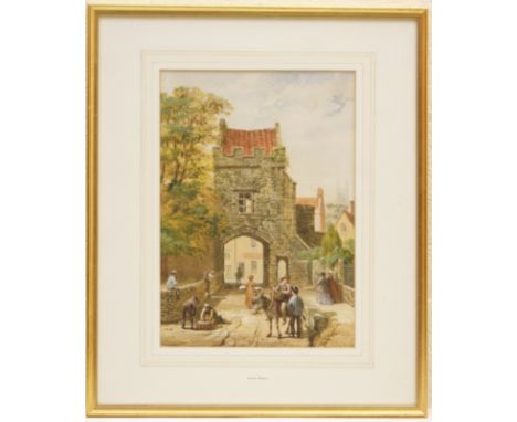 Louise J Rayner (1832-1924), View of an abbey gate, probably Lincoln, watercolour and bodycolour, signed, 36cm x 25cm