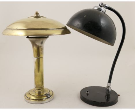 Modernist plated brass table lamp, circa 1930, with saucer shaped shade over a column and stepped circular base, height 38cm;