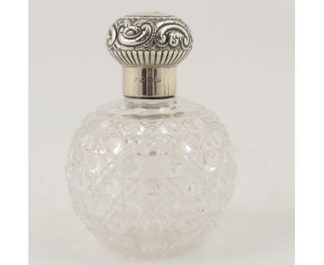 Late Victorian silver capped cut glass spherical scent bottle, Birmingham 1896, screw cap with repousse C-scroll decoration, 