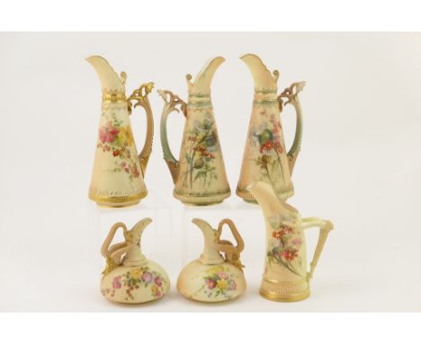 Pair of Royal Worcester peach ground jugs, circa 1899, tapered form decorated with thistles and daisies in colours, shape num