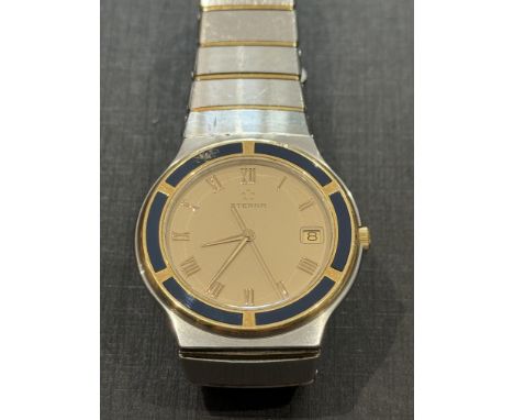 Gents Eterna swiss made quartz watch with date & spare links. Currently ticking 