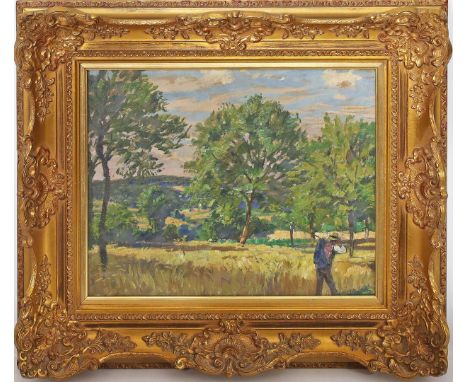 Nagel, Wilhelm (1866 Mannheim - Baden-Baden 1945) Landschaft mit Bauer. Öl/Karton, re. u. sign., verso Stempel. Ca. 37x 48 cm
