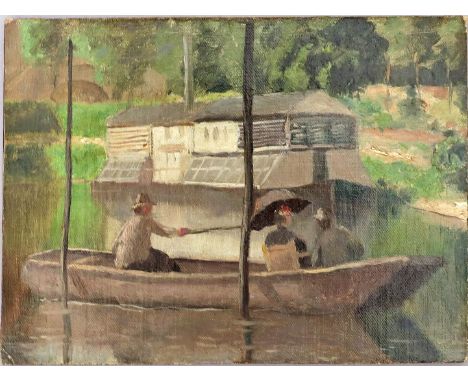 Impressionist (Frankreich, um 1870) Sommerliche Bootsfahrt. Öl/Lwd., auf Karton gezogen, verso Zuschreibung an Manet mit Expe