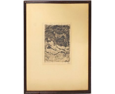 Slevogt, Max (1868 Landshut - Neukastell 1932) Liegender Männerakt mit Hund. Radierung (gebräunt, Randmängel), li. u. mit Ble