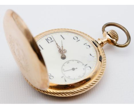 Herrentaschenuhr. Guillochiertes 585/000 RG-Gehäuse, brutto 80 g, Staubdeckel Metall, mit gravierter Monog.-Kartusche, Kordel