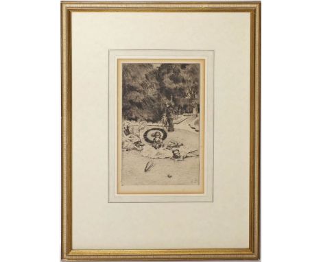 Tissot, James (1836 Nantes - Buillon 1902) Im Park. Radierung (fleckig, gebräunt), in der Platte sign. 25,5x 16 cm. PP., R.